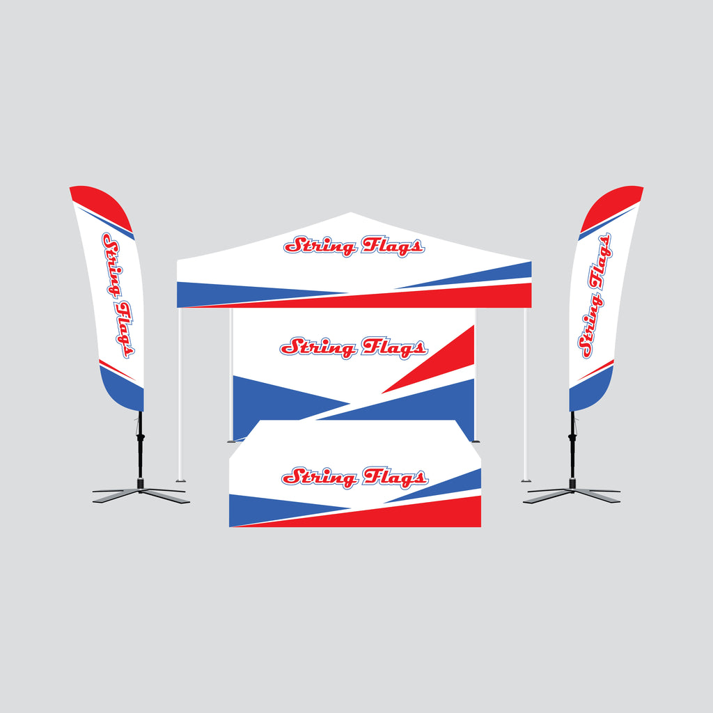 Tent package a 10x10 popup canopy by string flags custom made to order, printed feather flags, frame, hardware fitted stretch table cover