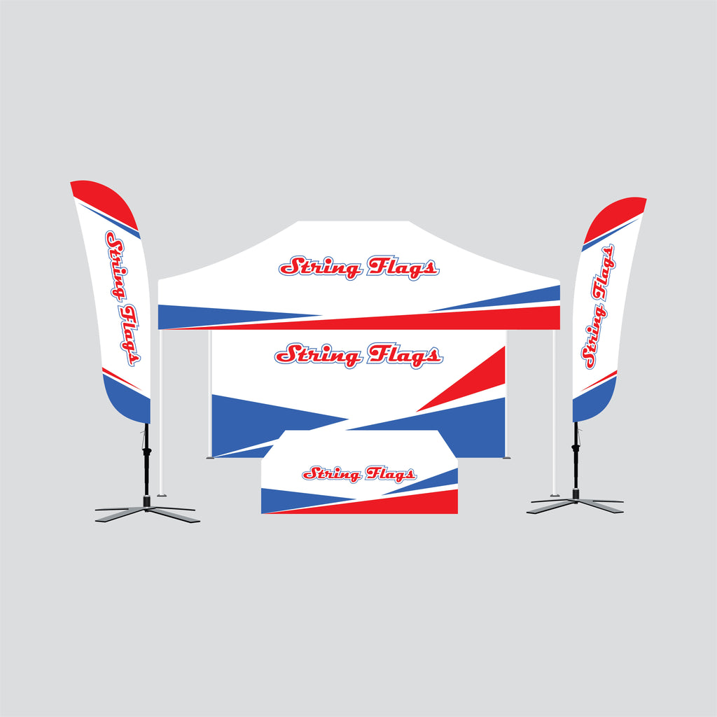 Tent package a 10x15 popup canopy by string flags custom made to order, printed feather flags, frame, hardware fitted stretch table cover