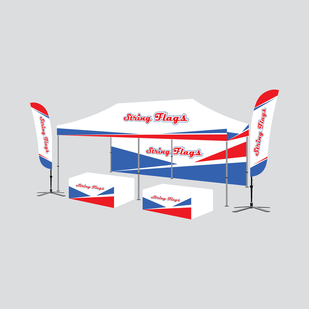 Tent package a 10x20 popup canopy by string flags custom made to order, printed feather flags, frame, hardware fitted stretch table cover
