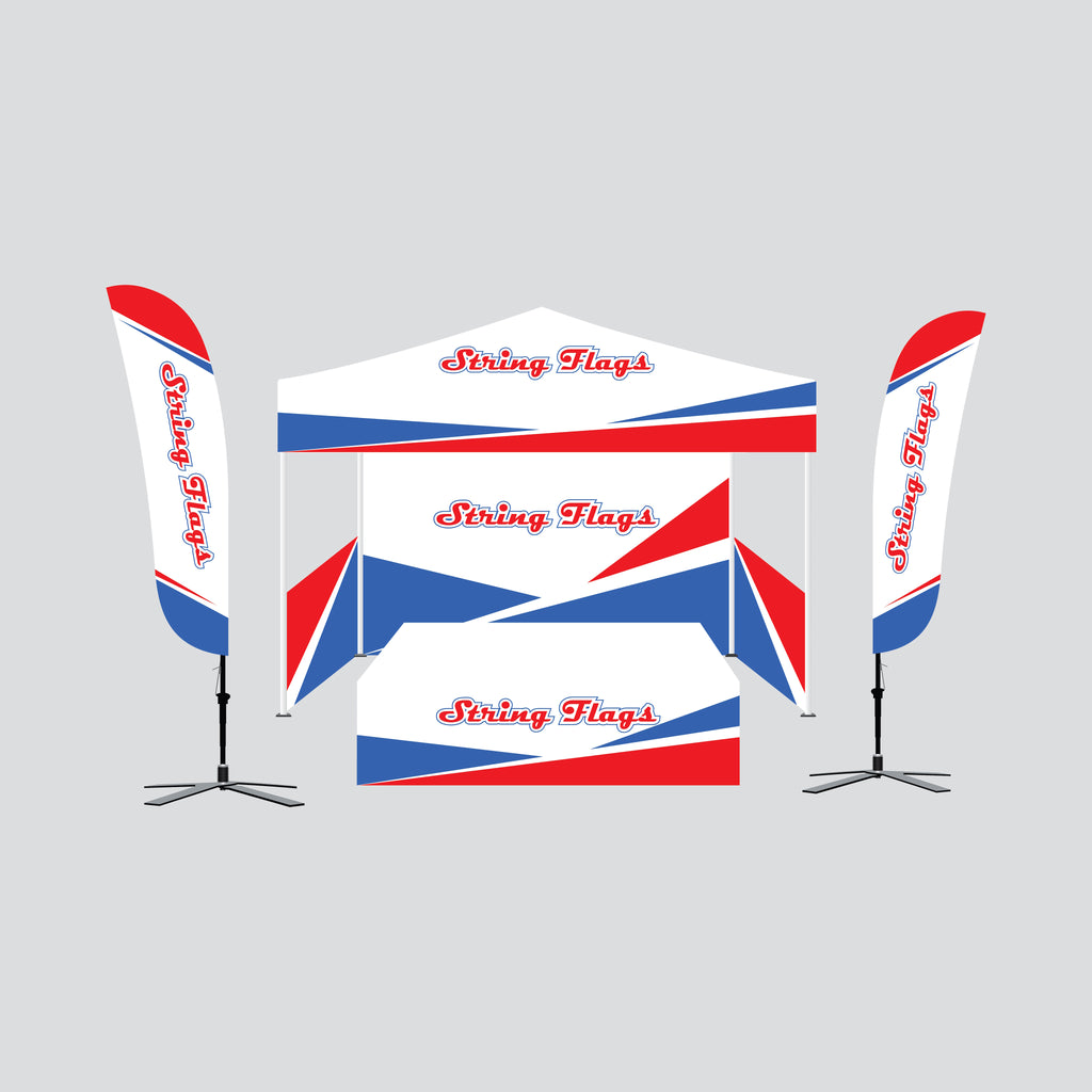 Tent package b 10x10 popup canopy by string flags custom made to order, printed feather flags, frame, hardware fitted stretch table cover