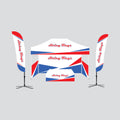 Tent package b 10x15 popup canopy by string flags custom made to order, printed feather flags, frame, hardware fitted stretch table cover