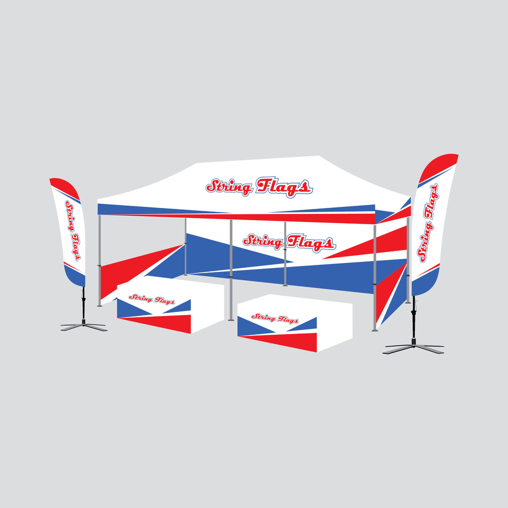 Tent package b 10x20 popup canopy by string flags custom made to order, printed feather flags, frame, hardware fitted stretch table cover