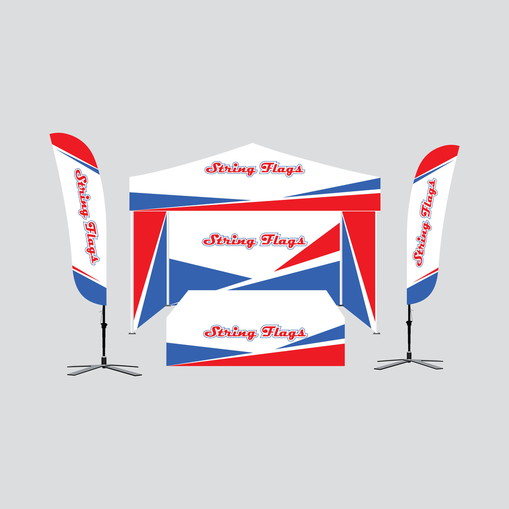 Tent package c 10x10 popup canopy by string flags custom made to order, printed feather flags, frame, hardware fitted stretch table cover