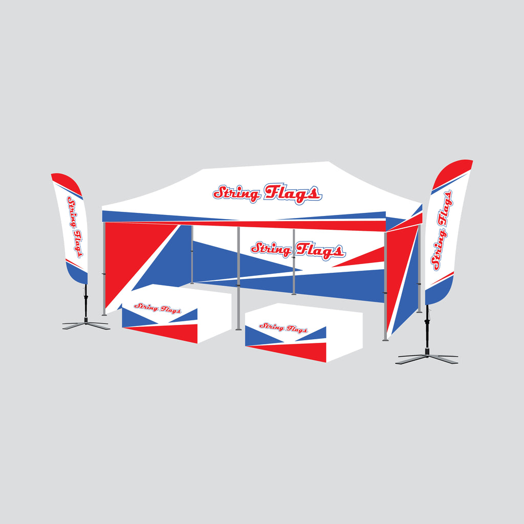 Tent package c 10x20 popup canopy by string flags custom made to order, printed feather flags, frame, hardware fitted stretch table cover